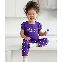 Babyhug Cotton Knit Half Puffed Sleeves T-Shirt & Pajama Night Suit with Floral Print - Purple