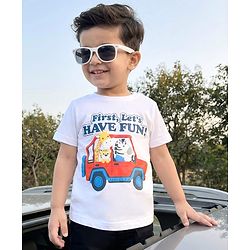 Babyhug Cotton Knit Half Sleeves T-Shirt with Safari Theme Print - White
