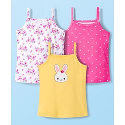 Babyhug 100% Cotton Knit Sleeveless Floral, Bunny & Polka Dots Printed Slips Pack of 3 - White, Yellow & Pink