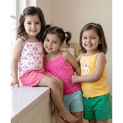 Babyhug 100% Cotton Knit Sleeveless Floral, Bunny & Polka Dots Printed Slips Pack of 3 - White, Yellow & Pink