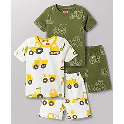 Babyhug 100% Cotton Knit Half Sleeves Co-Ords T-Shirt & Shorts Night Suit with Vehicle Print Pack of 2 - Green & White