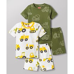 Babyhug 100% Cotton Knit Half Sleeves Co-Ords T-Shirt & Shorts Night Suit with Vehicle Print Pack of 2 - Green & White
