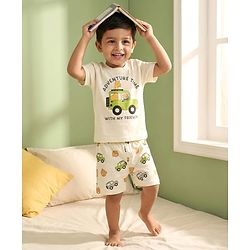 Babyhug Cotton Knit Half Sleeves T-Shirt & Shorts Night Suit With Jeep Print - White