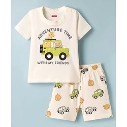 Babyhug Cotton Knit Half Sleeves T-Shirt & Shorts Night Suit With Jeep Print - White