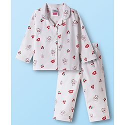 Babyhug Disney Cotton Woven Full Sleeves Shirt & Pyjama Co-ord Night Suit With Marie Print - White