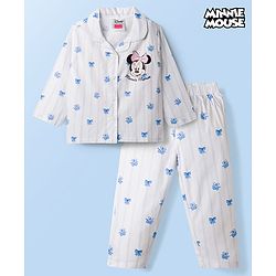 Babyhug Disney 100% Cotton Woven Full Sleeves Co-Ords Shirt & Pyjama Night Suit With Minnie Mouse Print - Light Blue & White