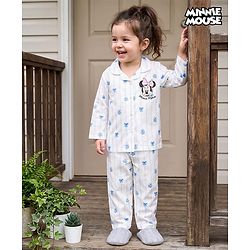 Babyhug Disney 100% Cotton Woven Full Sleeves Co-Ords Shirt & Pyjama Night Suit With Minnie Mouse Print - Light Blue & White