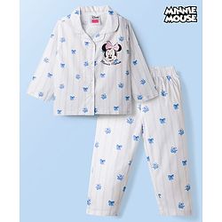 Babyhug Disney 100% Cotton Woven Full Sleeves Co-Ords Shirt & Pyjama Night Suit With Minnie Mouse Print - Light Blue & White