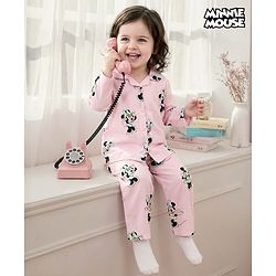 Babyhug Disney Cotton Woven Full Sleeves Shirt & Pyjama Co-ord Night Suit With Minnie Mouse Print - Pink