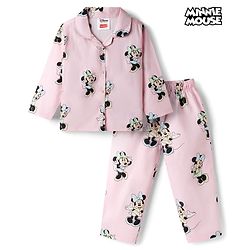 Babyhug Disney Cotton Woven Full Sleeves Shirt & Pyjama Co-ord Night Suit With Minnie Mouse Print - Pink