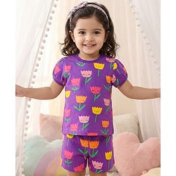 Babyhug Cotton Knit Half Sleeves Co-ords T-Shirt & Shorts Night Suit with Floral Print - Purple