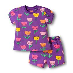 Babyhug Cotton Knit Half Sleeves Co-ords T-Shirt & Shorts Night Suit with Floral Print - Purple