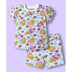 Babyhug Cotton Knit Half Sleeves Co-ords T-Shirt & Shorts Night Suit with Ice Cream Print & Stripes - Multicolor