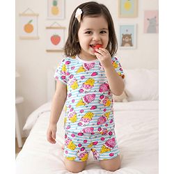 Babyhug Cotton Knit Half Sleeves Co-ords T-Shirt & Shorts Night Suit with Ice Cream Print & Stripes - Multicolor