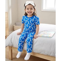 Babyhug Cotton Knit Half Sleeves Hearts Printed Co-Ords T-Shirt & Pyjama Night Suit - Blue