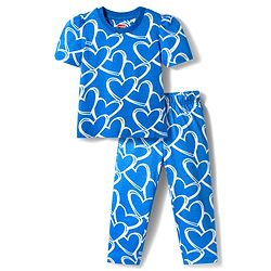 Babyhug Cotton Knit Half Sleeves Hearts Printed Co-Ords T-Shirt & Pyjama Night Suit - Blue