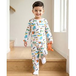 Babyhug Cotton Knit Full Sleeves Co-ords T-Shirt & Pajama Night Suit with Sea Life Print - White
