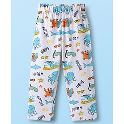 Babyhug Cotton Knit Full Sleeves Co-ords T-Shirt & Pajama Night Suit with Sea Life Print - White