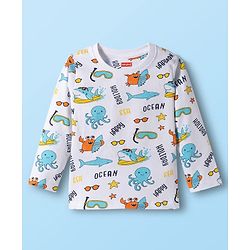 Babyhug Cotton Knit Full Sleeves Co-ords T-Shirt & Pajama Night Suit with Sea Life Print - White