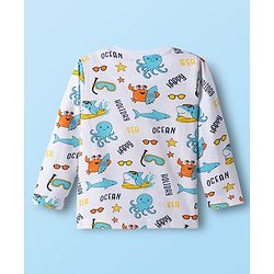Babyhug Cotton Knit Full Sleeves Co-ords T-Shirt & Pajama Night Suit with Sea Life Print - White