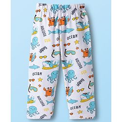 Babyhug Cotton Knit Full Sleeves Co-ords T-Shirt & Pajama Night Suit with Sea Life Print - White