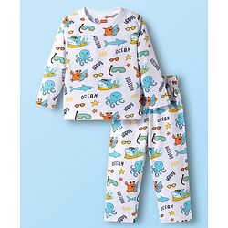 Babyhug Cotton Knit Full Sleeves Co-ords T-Shirt & Pajama Night Suit with Sea Life Print - White