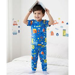 Babyhug Cotton Knit Half Sleeves Co-ords T-Shirt & Pajama Night Suit with City Landscape Print - Blue