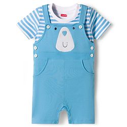 Babyhug Single Jersey Knit Half Sleeves Striped T-Shirt & Dungarees Set with Embroidery - Blue