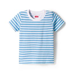 Babyhug Single Jersey Knit Half Sleeves Striped T-Shirt & Dungarees Set with Embroidery - Blue