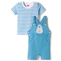 Babyhug Single Jersey Knit Half Sleeves Striped T-Shirt & Dungarees Set with Embroidery - Blue