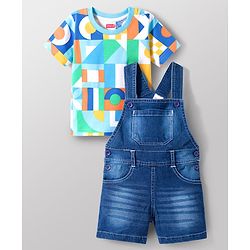 Babyhug Single Jersey Knit Half Sleeves Printed T-Shirt with Denim Dungaree - Blue & Sea Green