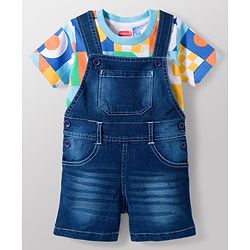 Babyhug Single Jersey Knit Half Sleeves Printed T-Shirt with Denim Dungaree - Blue & Sea Green