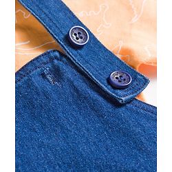 Babyhug Single Jersey Knit Half Sleeves Dino Printed T-Shirt & Denim Dungaree with Patch - Orange & Blue