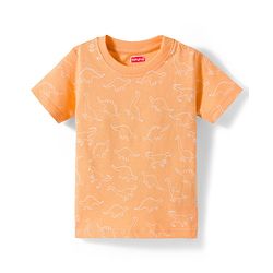 Babyhug Single Jersey Knit Half Sleeves Dino Printed T-Shirt & Denim Dungaree with Patch - Orange & Blue