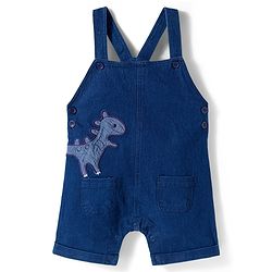 Babyhug Single Jersey Knit Half Sleeves Dino Printed T-Shirt & Denim Dungaree with Patch - Orange & Blue