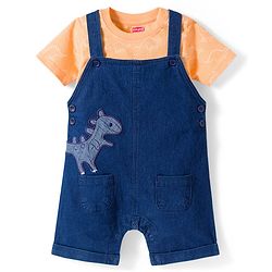 Babyhug Single Jersey Knit Half Sleeves Dino Printed T-Shirt & Denim Dungaree with Patch - Orange & Blue