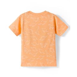 Babyhug Single Jersey Knit Half Sleeves Dino Printed T-Shirt & Denim Dungaree with Patch - Orange & Blue