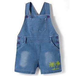 Babyhug Single Jersey Knit Half Sleeves Text Printed T-Shirt & Denim Dungaree with Tree Embroidery - Limegreen  & Blue