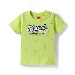 Babyhug Single Jersey Knit Half Sleeves Text Printed T-Shirt & Denim Dungaree with Tree Embroidery - Limegreen  & Blue