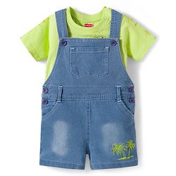 Babyhug Single Jersey Knit Half Sleeves Text Printed T-Shirt & Denim Dungaree with Tree Embroidery - Limegreen  & Blue
