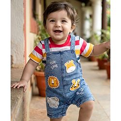 Babyhug Single Jersey Knit Half Sleeves Striped T-Shirt & Denim Dungaree with Animal Patch - Blue Red & Yellow