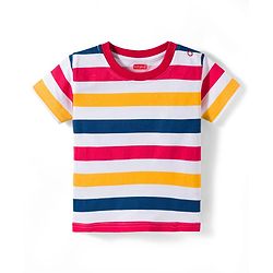 Babyhug Single Jersey Knit Half Sleeves Striped T-Shirt & Denim Dungaree with Animal Patch - Blue Red & Yellow