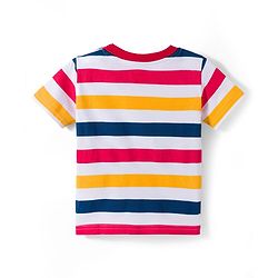Babyhug Single Jersey Knit Half Sleeves Striped T-Shirt & Denim Dungaree with Animal Patch - Blue Red & Yellow