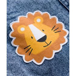 Babyhug Single Jersey Knit Half Sleeves Striped T-Shirt & Denim Dungaree with Animal Patch - Blue Red & Yellow