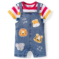 Babyhug Single Jersey Knit Half Sleeves Striped T-Shirt & Denim Dungaree with Animal Patch - Blue Red & Yellow
