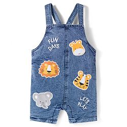 Babyhug Single Jersey Knit Half Sleeves Striped T-Shirt & Denim Dungaree with Animal Patch - Blue Red & Yellow
