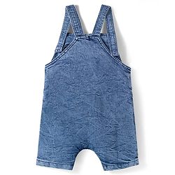 Babyhug Single Jersey Knit Half Sleeves Striped T-Shirt & Denim Dungaree with Animal Patch - Blue Red & Yellow