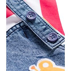Babyhug Single Jersey Knit Half Sleeves Striped T-Shirt & Denim Dungaree with Animal Patch - Blue Red & Yellow