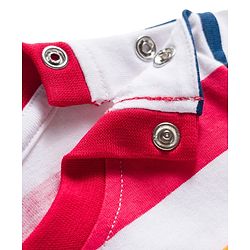 Babyhug Single Jersey Knit Half Sleeves Striped T-Shirt & Denim Dungaree with Animal Patch - Blue Red & Yellow