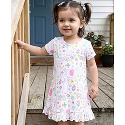 Babyhug Cotton Knit Half Sleeves Nighty With Animal & Floral Print - White